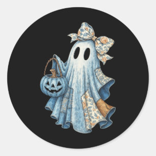 Sticker Rond Cute Denim Ghost Avec Floral Bow Halloween Aesthet