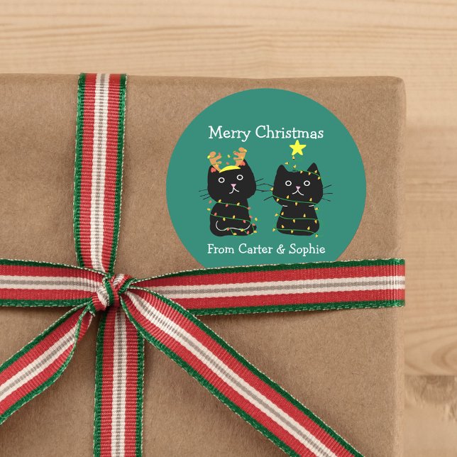 Sticker Rond Cute Deux Chats Feux de Noël Cadeau Personnalisé (Créateur téléchargé)