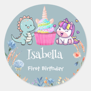 Sticker Rond Cute Dinosaur Unicorn arc-en-ciel cupcake enfant a