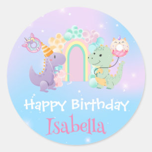 Sticker Rond Cute Dinosaur Unicorn Rainbow ballon Anniversaire 