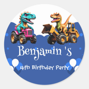 Sticker Rond Cute dinosaure Excavateur tracteur ballon Annivers