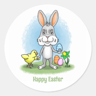Sticker Rond Cute Easter bunny and the yellow chicken