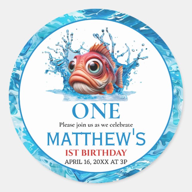 Sticker Rond Cute Eau Bleu Poisson 1er anniversaire (Devant)