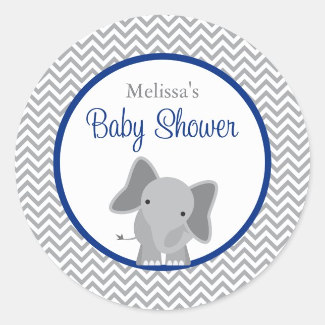 Sticker Rond Cute Elephant Chevron Baby shower bleu marine (Devant)