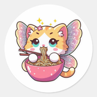 Sticker Rond Cute fairchat mangeant des nouilles de ramen