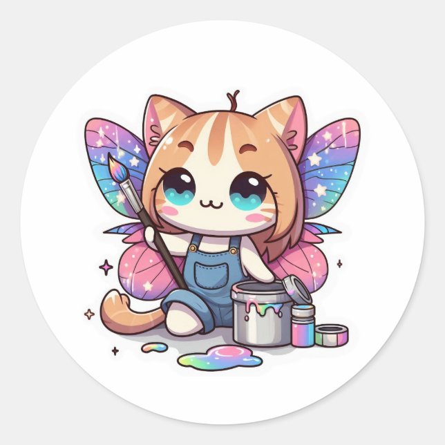 Sticker Rond Cute fairy cat artiste (Devant)