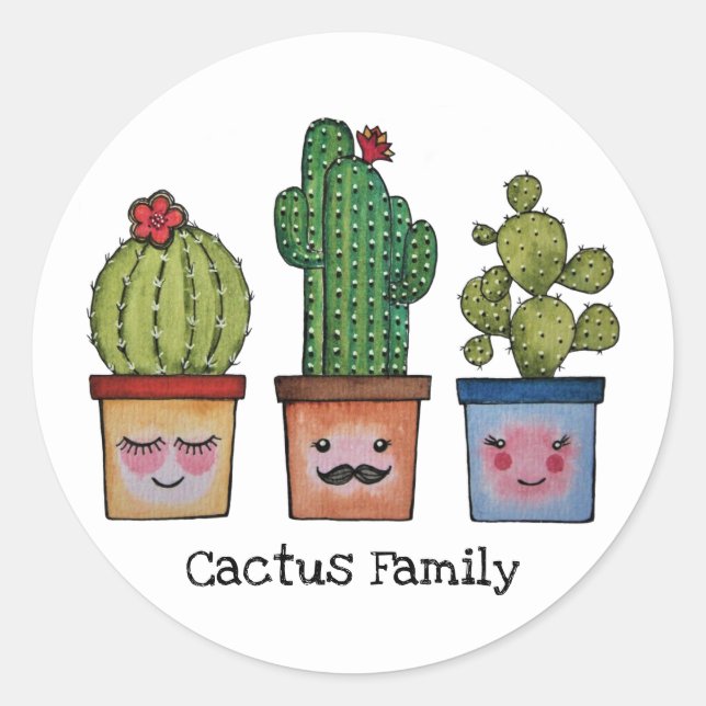 Sticker Rond Cute Famille Cactus En Aquarelle (Devant)