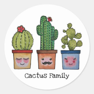 Sticker Rond Cute Famille Cactus En Aquarelle