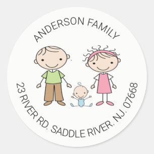 Sticker Rond Cute Family of 3 Return Adresse Classic Round Clas
