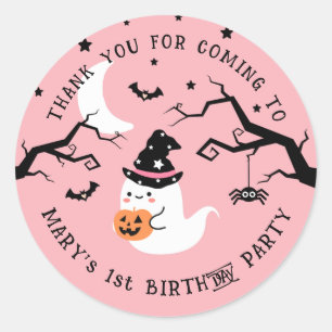 Sticker Rond Cute Fantôme rose Halloween Merci fête d'anniversa