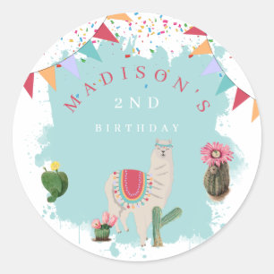 Sticker Rond Cute Fiesta Llama & Cactus Anniversaire de enfant