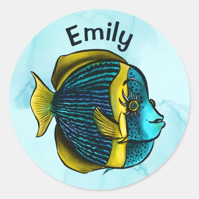 Sticker Rond Cute Fish Ocean Under the Sea School Nom des enfan (Devant)