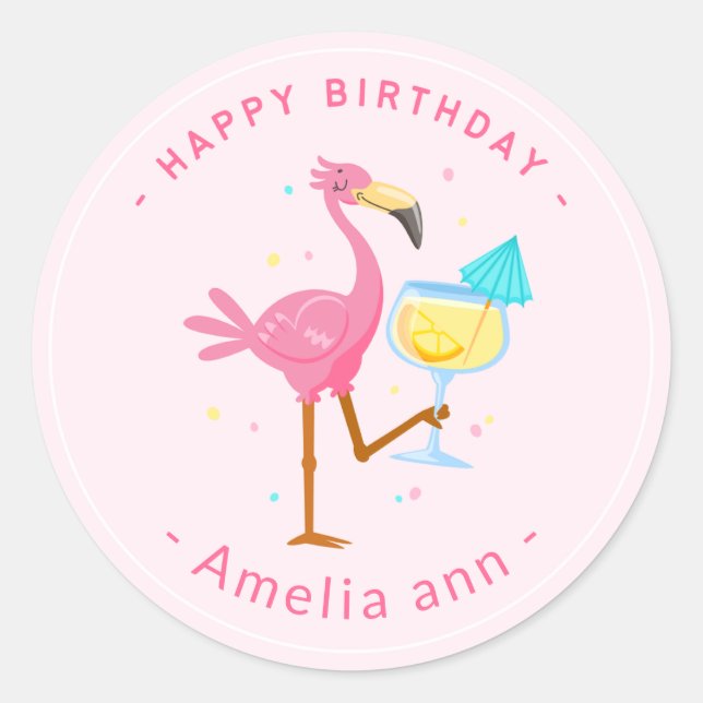 STICKER ROND CUTE FLAMANT ROSE ROSE JEUX ANNIVERSAIRE FILLE (Devant)