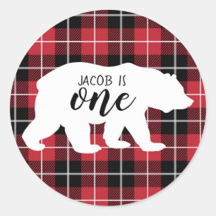 Sticker Rond Cute Flannel Plaid Motif Bear 1er anniversaire fêt