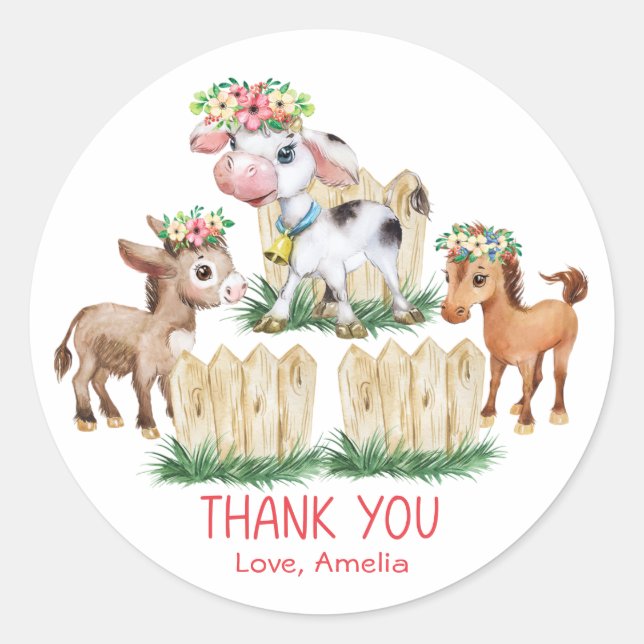 Sticker Rond Cute Floral Animaux de ferme Merci (Devant)