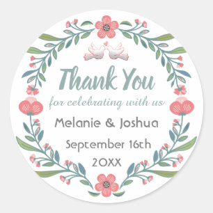Sticker Rond Cute Floral et Dove Mariage Merci de couronne