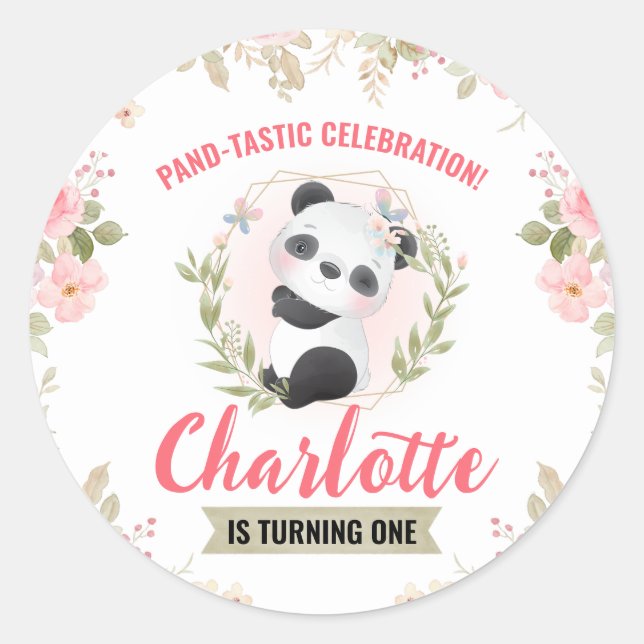Sticker Rond Cute Floral Panda Bear fête d'anniversaire (Devant)