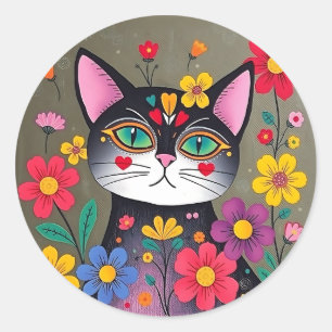 Sticker Rond Cute Folk Art Chat noir et fleurs