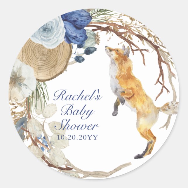 Sticker Rond Cute Fox bois aquarelle Baby shower Floral (Devant)