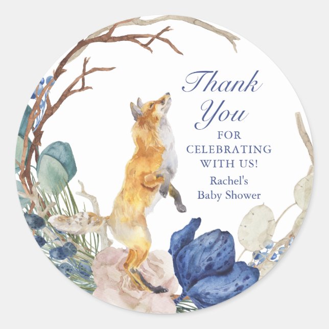 Sticker Rond Cute Fox bois aquarelle Baby shower Floral (Devant)