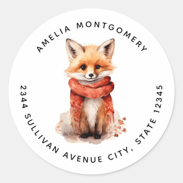 Sticker Rond Cute Fox Pup in a Red Scarf - Address (Devant)