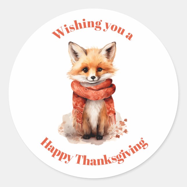Sticker Rond Cute Fox Pup in a Red Scarf Thanksgiving (Devant)