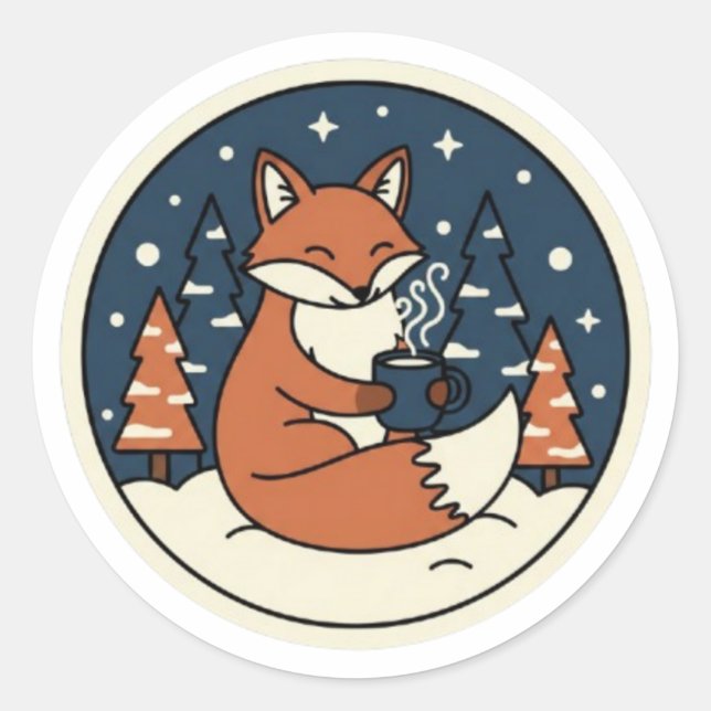 Sticker Rond Cute Fox with Cocoa & Starry Winter Sky (Devant)