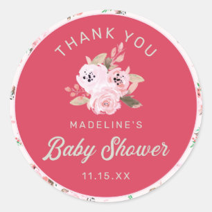 Sticker Rond Cute fraise rose Baby shower Floral Merci