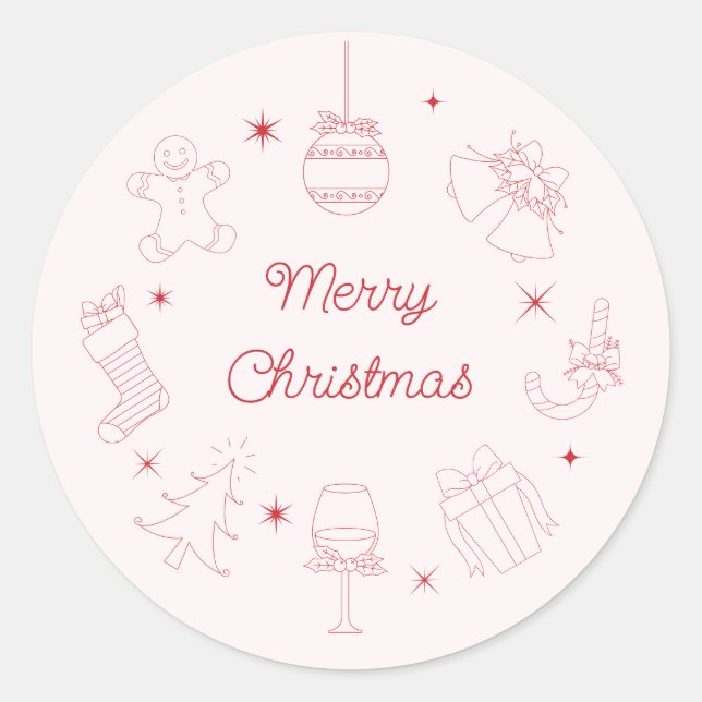 Sticker Rond Cute Fun Pink Red Hand Drawn Christmas (Devant)