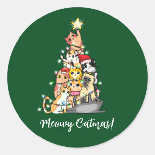 Sticker Rond Cute Funny Meowny Catmas Chats Arbre de Noël