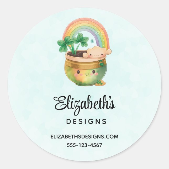 Sticker Rond Cute Garden Planter avec Rainbow & Clover Business (Devant)
