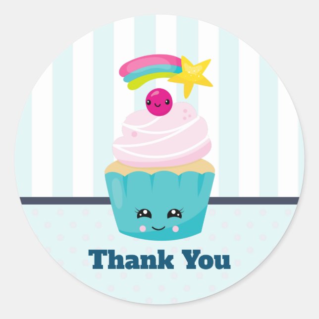Sticker Rond Cute gâteau bleu avec Merci de visage Kawaii (Devant)