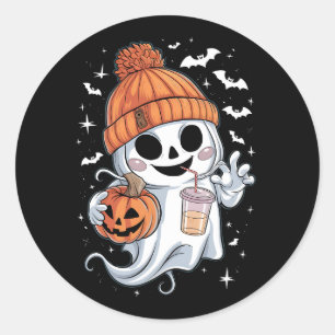 Sticker Rond Cute Ghost Boire Café Halloween Café glacé