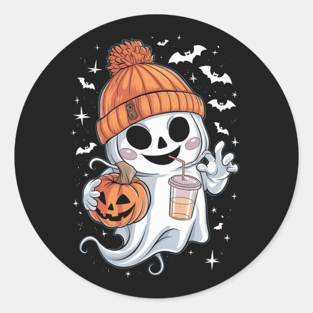 Sticker Rond Cute Ghost Boire Café Halloween Café glacé (Devant)