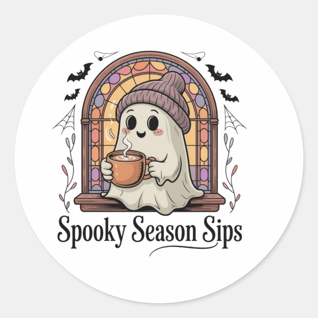 Sticker Rond Cute Ghost Coffee Halloween (Devant)