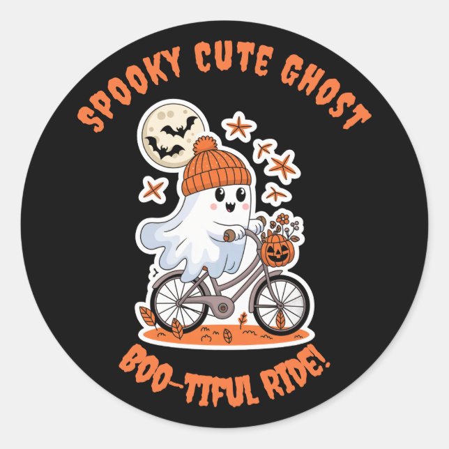 Sticker Rond Cute Ghost Halloween - Adorable Biking Ghost (Devant)