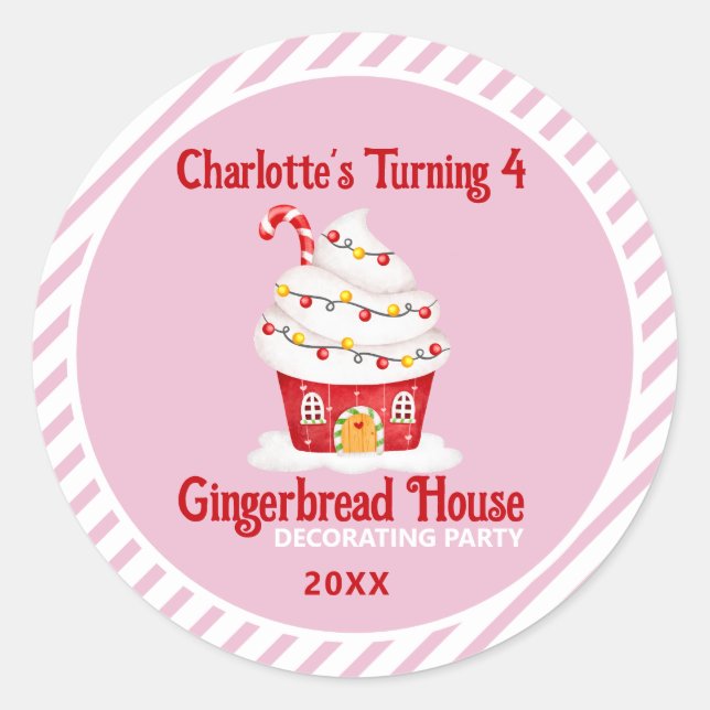 Sticker Rond Cute Gingerbread Maison Sucre de canne rose Annive (Devant)