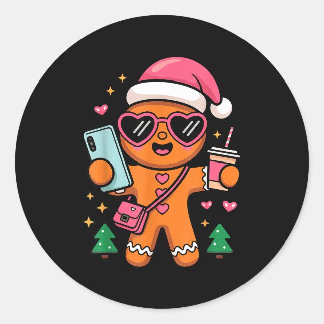 Sticker Rond Cute Gingerbread Taking Selfie Christmas Pajama To (Devant)