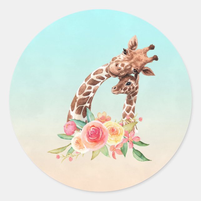 Sticker Rond Cute Giraffe Aquarelle Maman & Bébé (Devant)