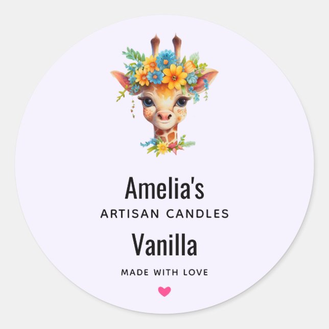 Sticker Rond Cute Giraffe avec Floral Crown Candle Business (Devant)