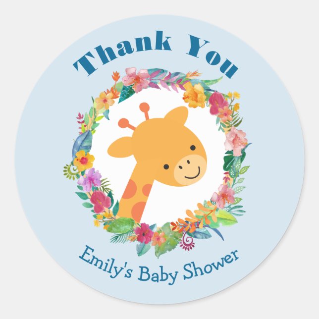 Sticker Rond Cute Giraffe avec un Baby shower de couronne fleur (Devant)