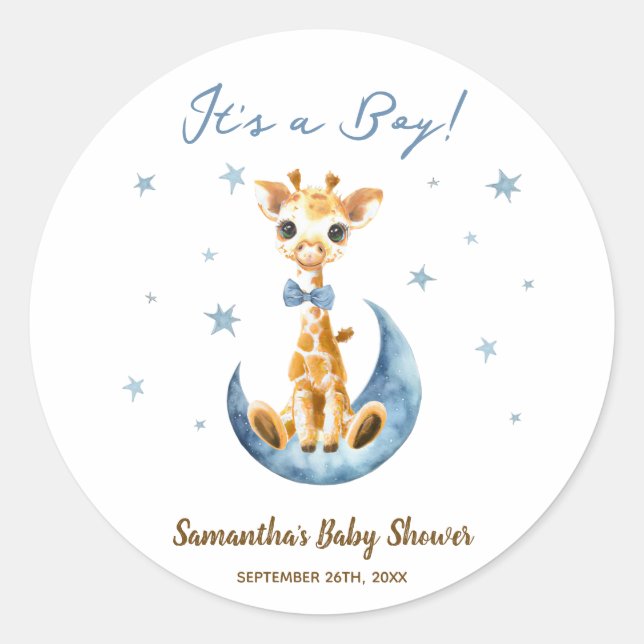 Sticker Rond Cute Giraffe Baby shower Favoriser Merci Blue Boy (Devant)