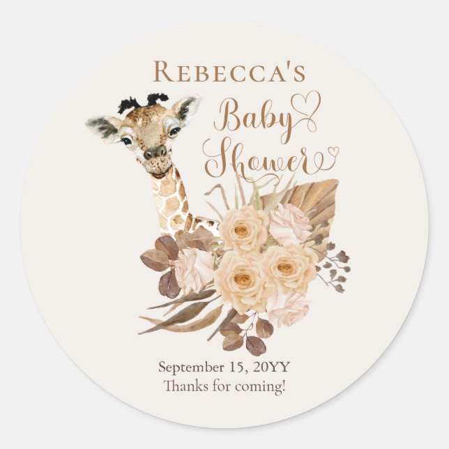 Sticker Rond Cute Giraffe Boho Grasses séchées Baby shower (Devant)