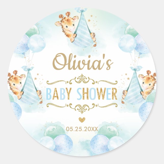 Sticker Rond Cute Giraffe Boy Baby shower Merci Favor (Devant)