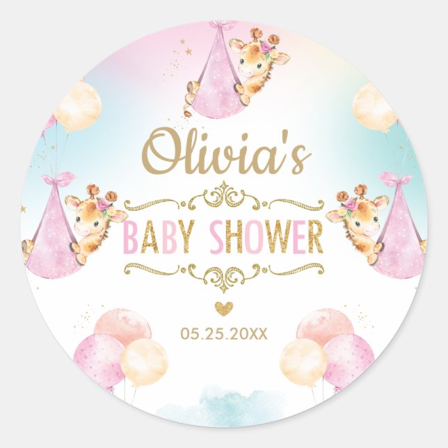 Sticker Rond Cute Giraffe Girl Baby shower Merci Favor (Devant)