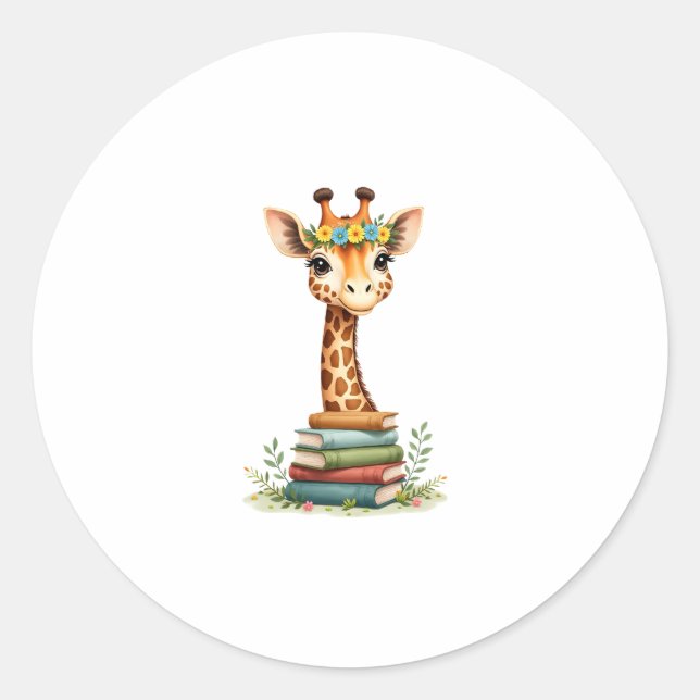 Sticker Rond Cute Giraffe With Book Floral Bookworm Librarian B (Devant)
