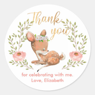 Sticker Rond Cute Girl Baby Fawn Anniversaire Merci 