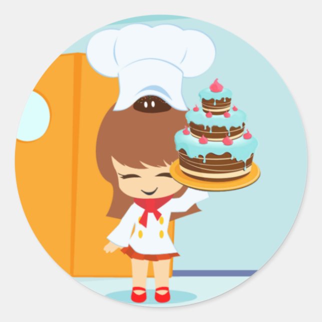 Sticker Rond Cute Girl tenant Chocolate Anniversaire Gâteau (Devant)