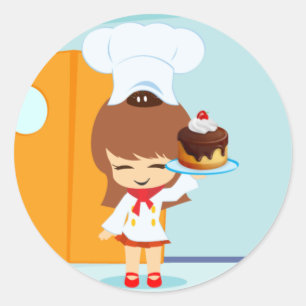 Sticker Rond Cute Girl tenant Chocolate Anniversaire Gâteau
