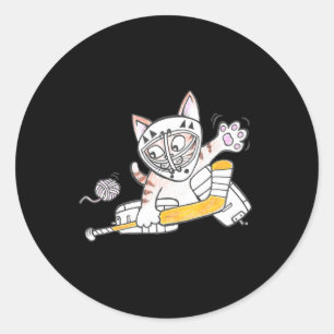 Sticker Rond Cute GOALIE Kitten Chat Jouer au hockey